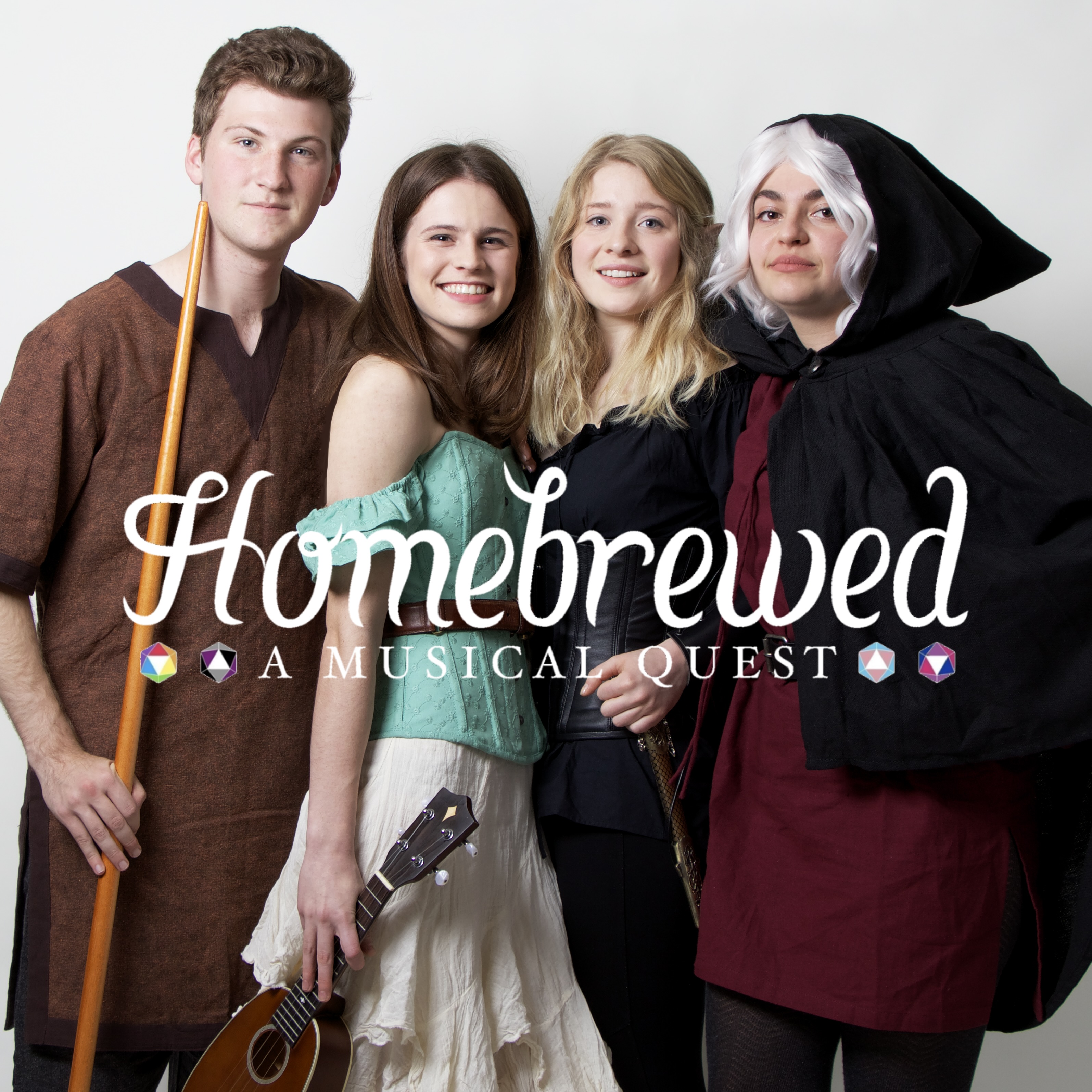 Four young people dressed in Renaissance outfits with a logo for the film Homebrewed: A Musical Quest
